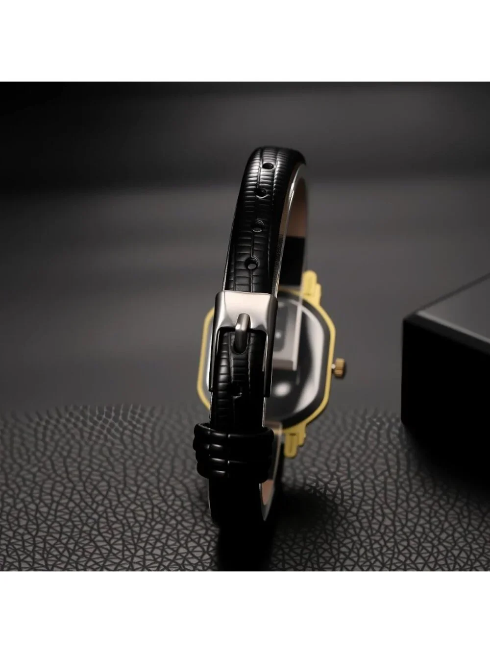 Women's Black White Ultra-Thin Square Dial Adjustable Leather Strap Wrist Watch